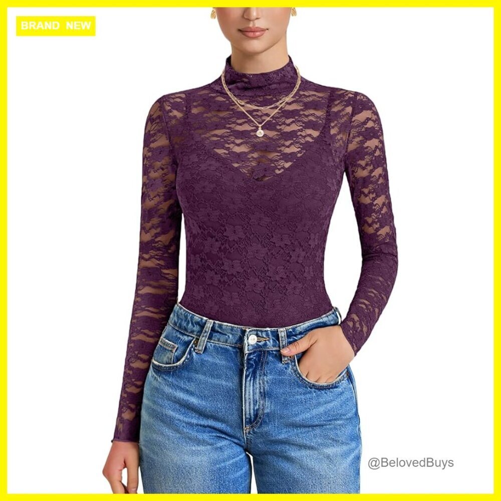 Long Sleeve Lace Bodysuit Two Piece Set Turtle Neck Shapewear Size Large